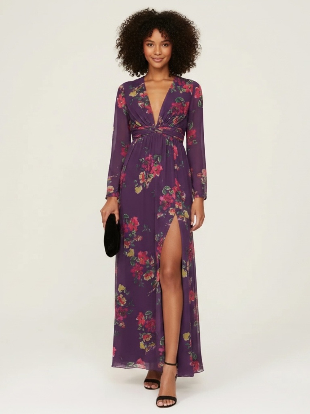 Mac Duggal Long Sleeve Ruched Top Deep V-Neckline Gown